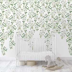 Greenery Drop Wallpaper, Peel Stick Removable, Unpasted Traditional, Neutral Nursery Playroom Decor, Boho Greenery Watercolor, DIY Easy