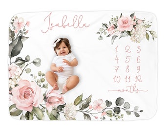 Manta floral con monograma de rosa para hitos, foto personalizada, tabla de crecimiento de niña, seguimiento fotográfico mensual, flor rosa, hoja, niña, monograma personalizado