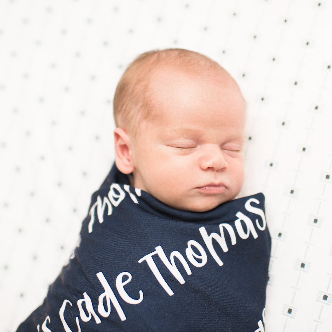 Personalized Baby Swaddle Blanket Set / Newborn Beanie Knotted Hat