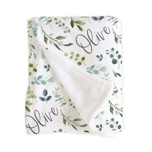 Personalized Greenery Leaf Design, Gender Neutral Boy Girl Blanket, Baby Bedding, Crib Sheet, Boho Nursery, Blue Green, Olive Collection
