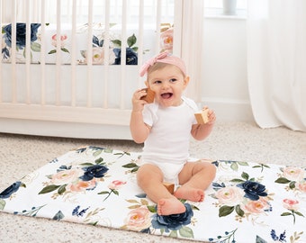 Navy Pink Baby Girl Blanket and Crib Sheet / Navy Nursery Bedding / Baby Shower Gift / Hospital Blanket / Crib Sheet / Midnight Collection