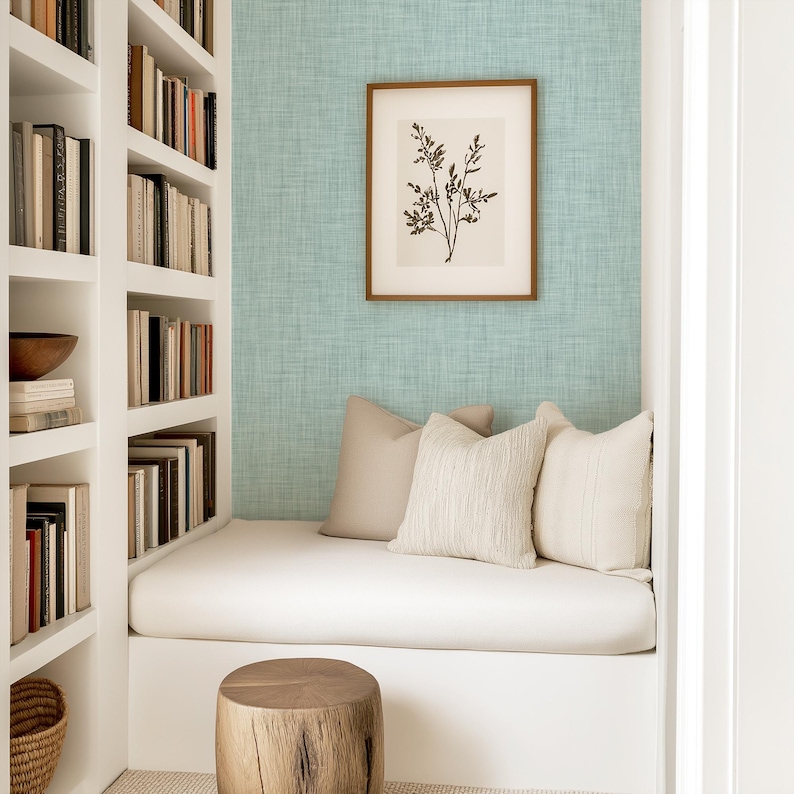 Aqua Linen Pattern Wallpaper, Traditional or Peel and Stick Removable, Home Decor, Versatile, Accent Wall, Neutral bild 1