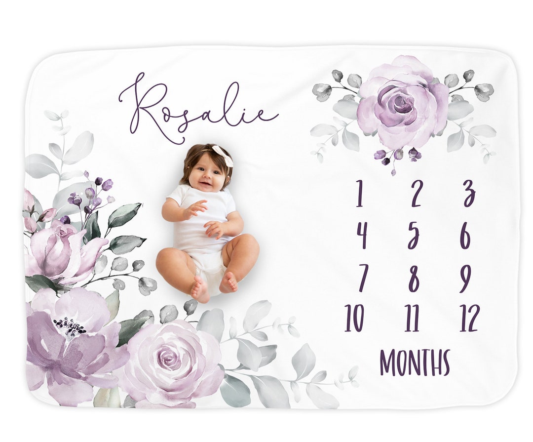 Personalized Baby Girl Milestone Blanket, Purple Floral Rose Flowers