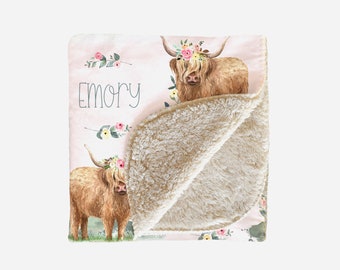 Highland Cow Personalized Baby Girl Blanket Sherpa Backing Minky Custom Gift Floral Cow Farm Country Bull Shower Gifts Name Script Font