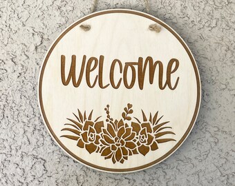 Succulent Front Door Welcome Sign, Engraved Wood Hanging Porch Front Door Sign