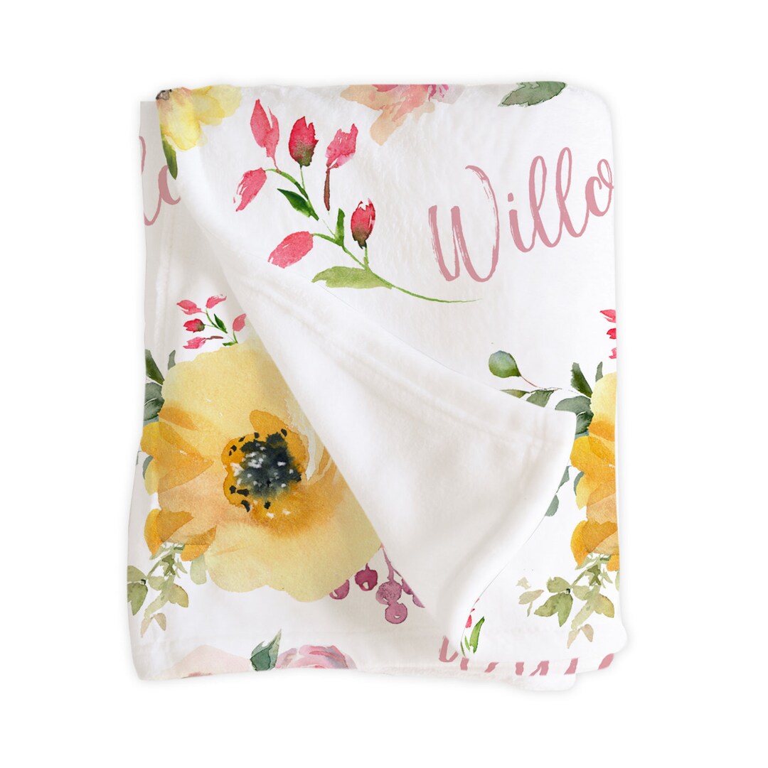 Pink Yellow Floral Rose Blanket / Personalized Baby Shower Gift