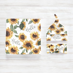 Fall Sunflower Personalized Name Blanket / Swaddle Set / Going Home / Hospital Newborn Photos Prop / Custom Name Printed / Autumn Collection