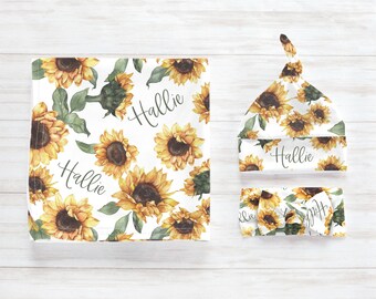 Fall Sunflower Personalized Name Blanket / Swaddle Set / Going Home / Hospital Newborn Photos Prop / Custom Name Printed / Autumn Collection