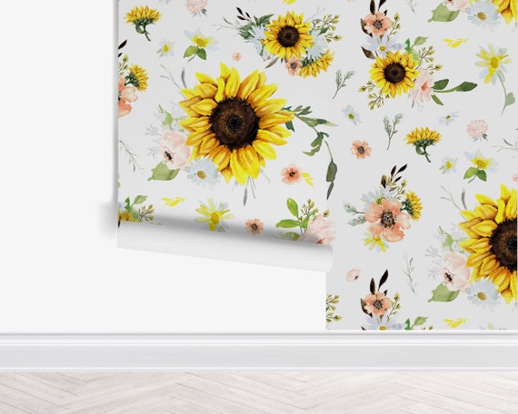 Sunflower Daisy Floral Wallpaper, Peel Stick Removable, Unpasted Traditional Option, Baby Girl Nursery Decor, Pink Yellow Peach Boho Floral