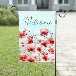 Red Poppies Blue Sky Yard Flag, Floral Decor, Personalized Garden Outdoor Yard Decor Decor, Welcome Sign image 1