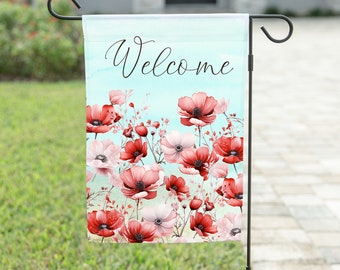 Red Poppies Blue Sky Yard Flag, Floral Decor, Personalized Garden Outdoor Yard Decor Decor, Welcome Sign