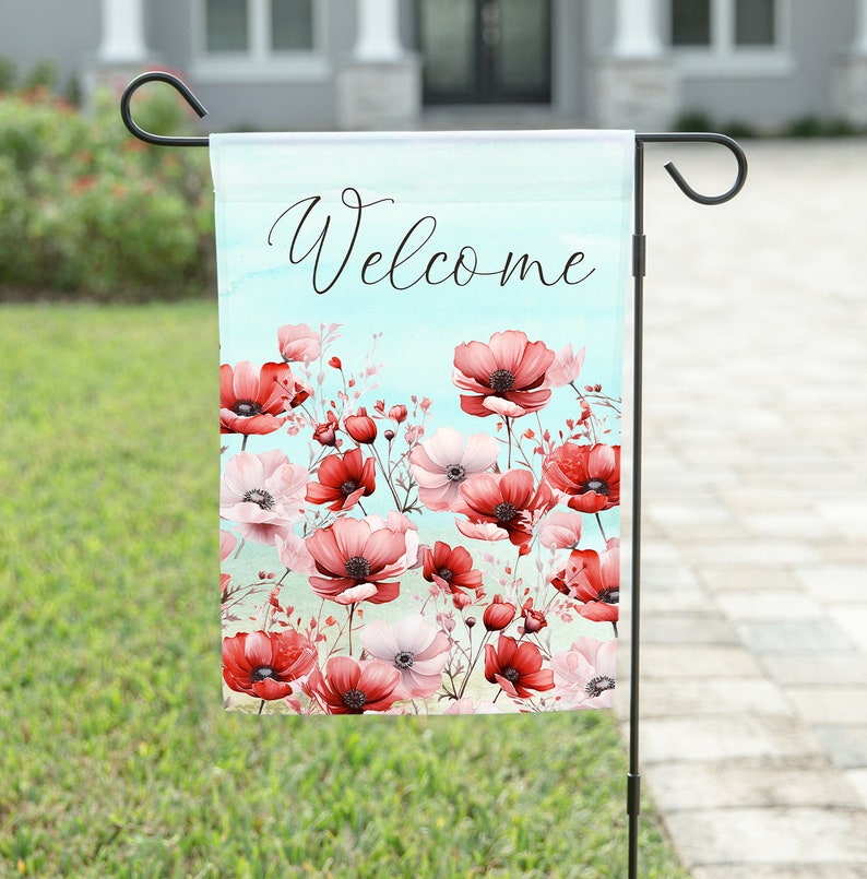 Red Poppies Blue Sky Yard Flag, Floral Decor, Personalized Garden Outdoor Yard Decor Decor, Welcome Sign image 1