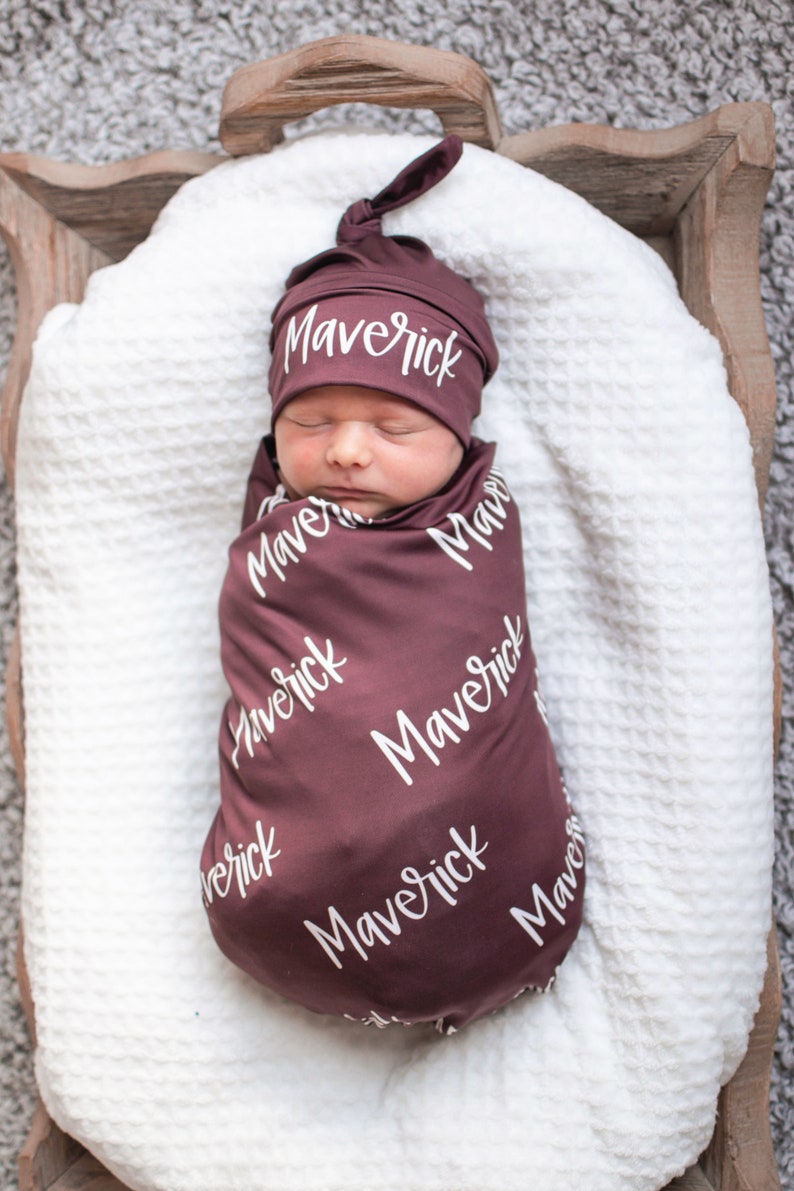 Personalized Baby Swaddle Blanket Set / Newborn Beanie Knotted Etsy