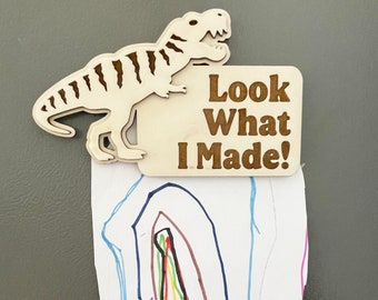 Personalized Dinosaur Look What I Made Magnet, Add Your Childs Name, T-Rex or Brachiosaurus, Kid Refrigerator Art, Artwork Display, 3D Wood