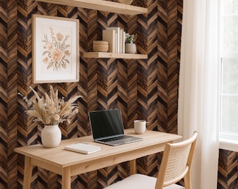 Dark Wood Chevron Wallpaper, Removable Faux Walnut Wall Mural with Bold Grain Texture for Dining Room, Office or Rustic Accent Walls