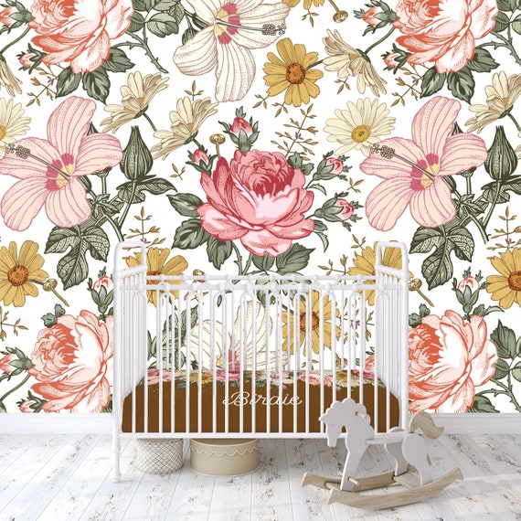 Removable Water-Activated Wallpaper Vintage Floral Flowers Summer Spring 