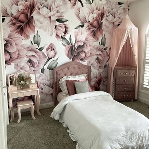 Pink Mauve Peonies Floral Wallpaper, Large Scale Peel and Stick Removable, Unpasted Prepasted Traditional Option, Baby Girl Nursery Mural image 2