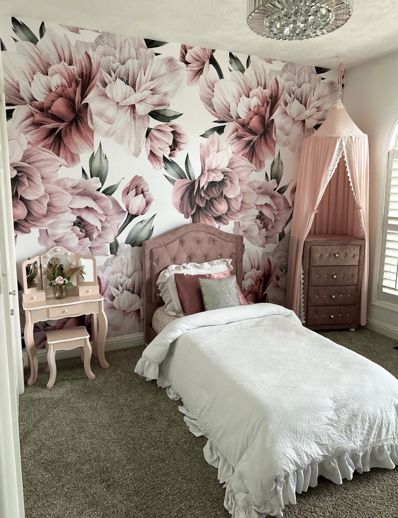 Pink Mauve Peonies Floral Wallpaper, Large Scale Peel and Stick Removable, Unpasted Prepasted Traditional Option, Baby Girl Nursery Mural image 2