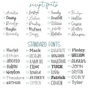 May include: A font selection chart featuring two categories: script fonts and standard fonts. The list includes 48 numbered options, each displaying a unique name in a specific typeface, ranging from elegant cursive styles to bold block lettering.