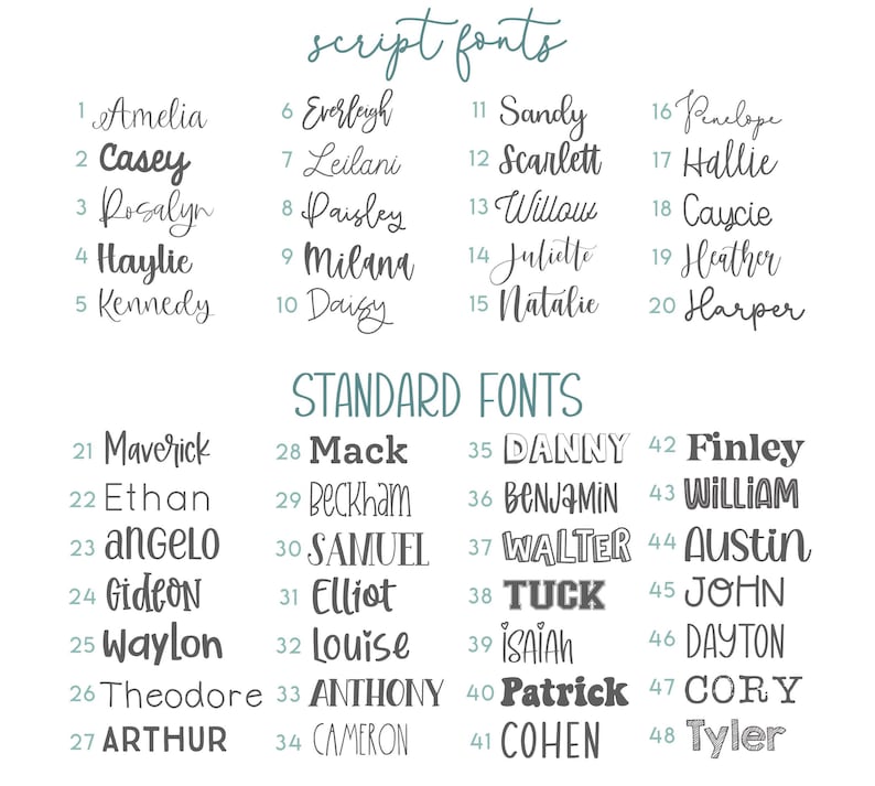 May include: A font selection chart featuring two categories: script fonts and standard fonts. The list includes 48 numbered options, each displaying a unique name in a specific typeface, ranging from elegant cursive styles to bold block lettering.