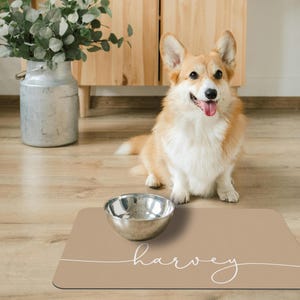 May include: A tan dog food mat with the name "harvey" written in white script. A stainless steel dog bowl sits on the mat.