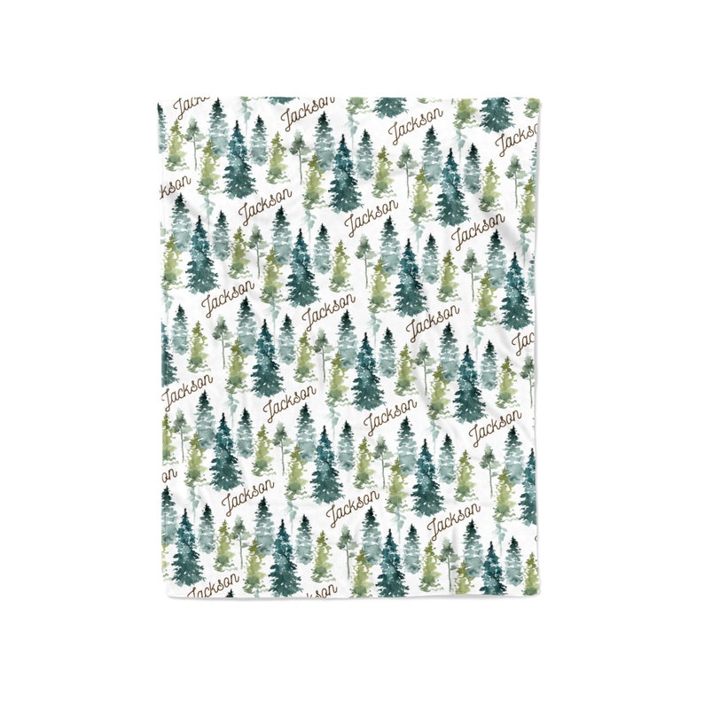 May include: A white background with a repeating pattern of watercolor green and blue trees. The name "Jackson" is written in brown cursive throughout the pattern.