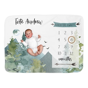 Mountain Forest Boy Milestone Blanket / Personalized Monthly Photos /  Baby Shower Gift / Growth Tracker Chart / Woodland Collection
