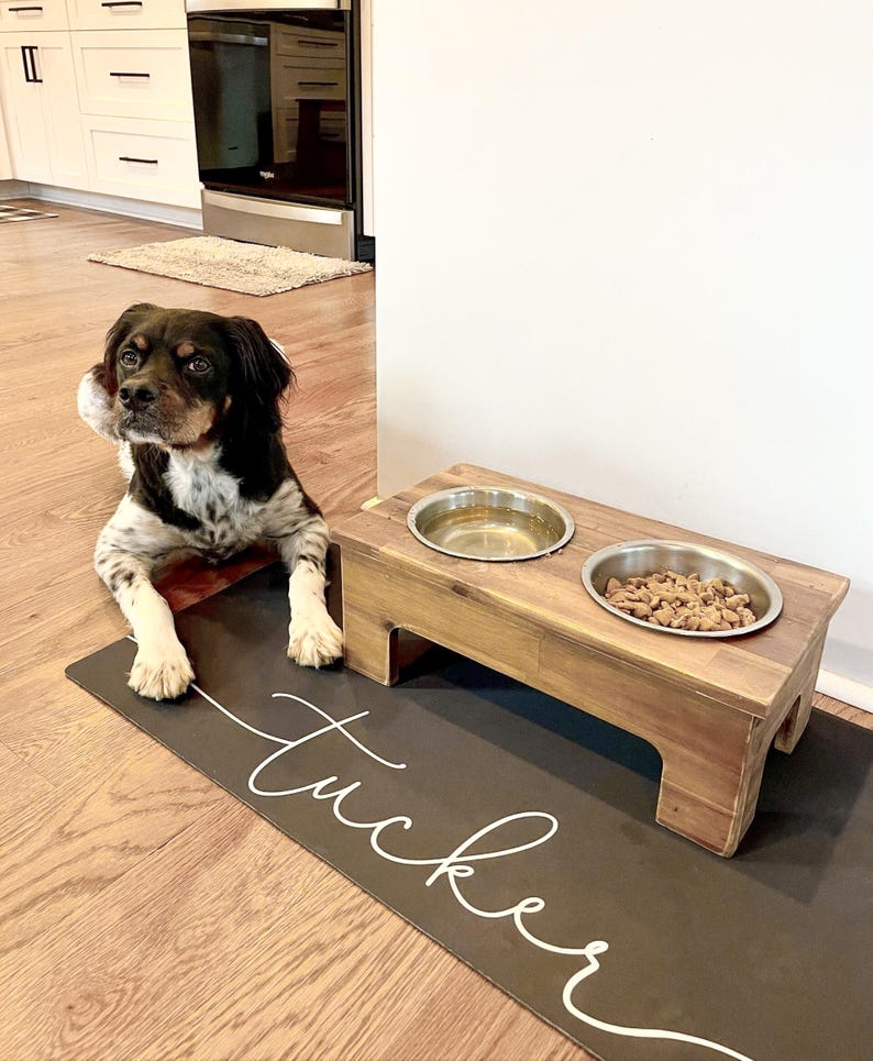 May include: A black and white dog sits on a gray mat with the name "Tucker" written in white. The dog is looking at a wooden raised dog bowl stand with two stainless steel bowls. One bowl is filled with water and the other with dog food.