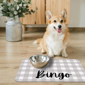 May include: A white and gray checkered dog food mat with the name "Bingo" written in black cursive. A stainless steel dog bowl sits on the mat. A corgi dog is sitting next to the bowl.