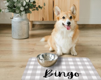 Grey Gingham Personalized Pet Placemat, Custom Dog Bowl Mat Dog Gift for New Dog, Farmhouse Style Simple Neutral Plaid Checkered Vichy Check