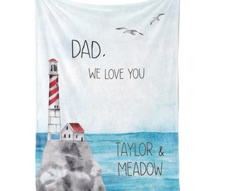 Personalized Dad Blanket / Ocean Lighthouse / Beachy / Kids Names / Daddy Grandpa Papa Blanket / Gift From Kids / Fathers Day Gift