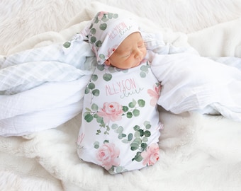Personalized Baby Girl Swaddle, Hat, Headband, First & Middle Name, Custom Pink Floral Rose Eucalyptus, Two Fonts, Allyson Claire Collection