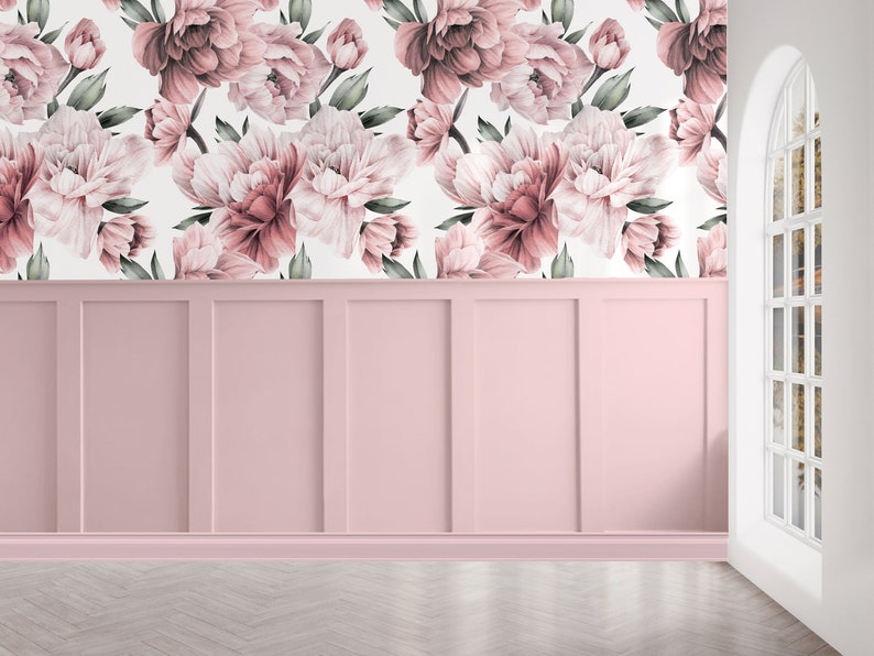 Pink Mauve Peonies Floral Wallpaper, Large Scale Peel and Stick Removable, Unpasted Prepasted Traditional Option, Baby Girl Nursery Mural image 3