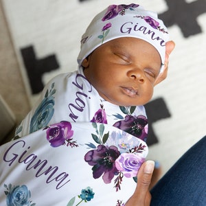 Purple Rose Swaddle Blanket Headband Hat Set, Personalized Floral Baby Shower Gift Hospital Newborn Photos Prop, Coming Home Present New Mom