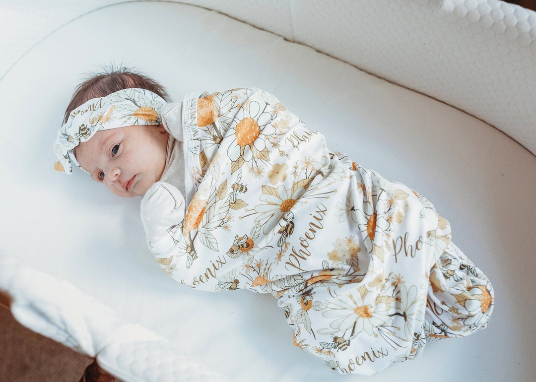 Personalized Baby Swaddle Blanket Set / Newborn Beanie Knotted Hat