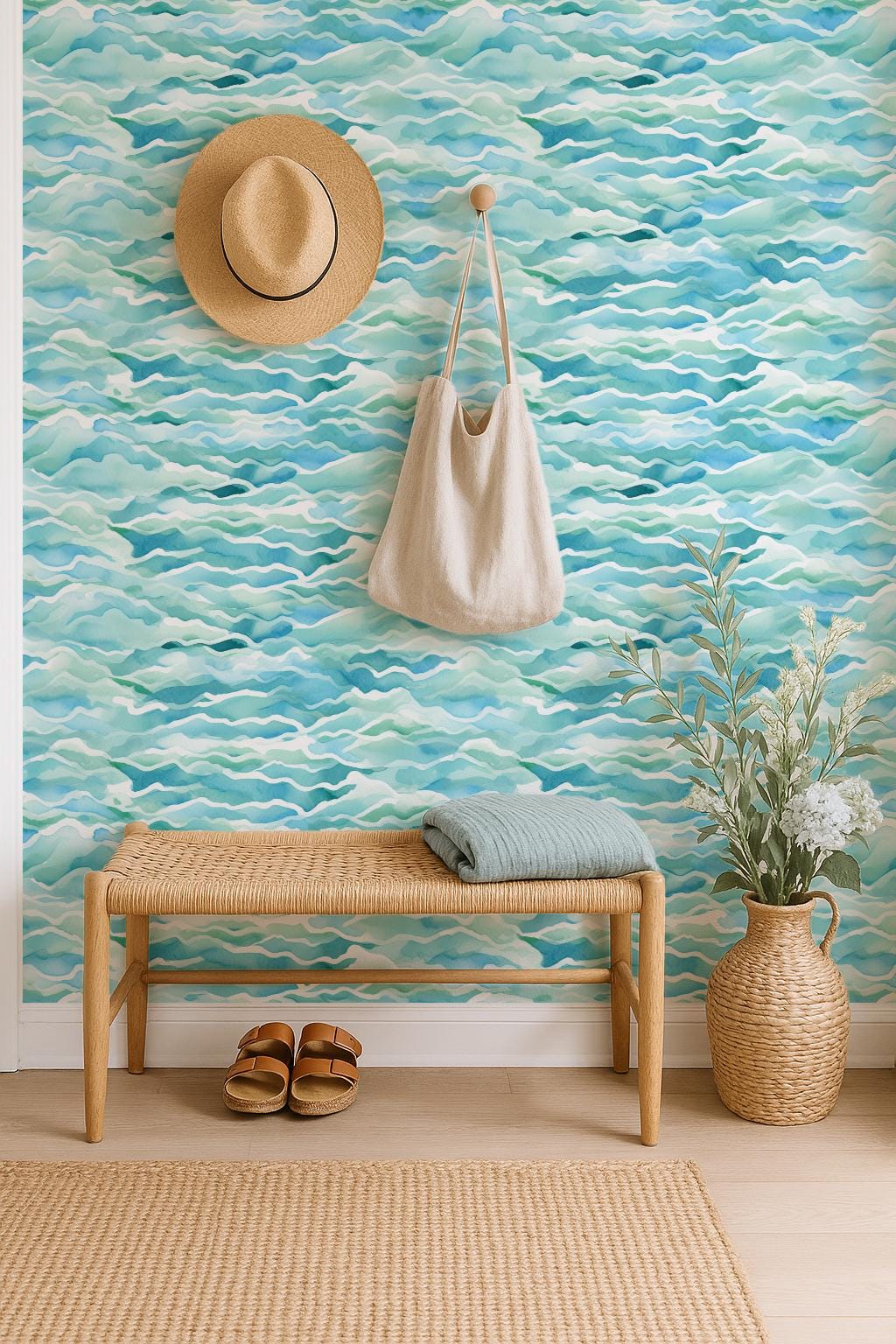 Abstract Ocean Waves Wallpaper: Coastal Beach House Wall Mural; Minimalist Peel and Stick or Traditional Decor