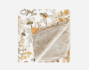 Personalized Bees & Flowers Blanket, Minky, Sherpa, Vintage Floral Sketch Style, Earthy Colors, Custom Name,