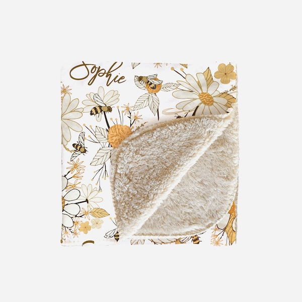 Personalized Bees & Flowers Blanket, Minky, Sherpa, Vintage Floral Sketch Style, Earthy Colors, Custom Name,