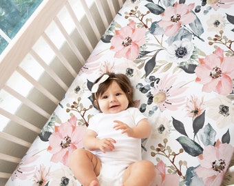 Pink Grey Cream Crib Sheet / Changing Pad Cover / Crib Bedding / Mini Crib Sheet Option / Hallie Collection