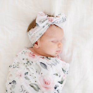 Baby Name Swaddle, Newborn Headband Hat Gown Set, Personalized Baby Shower Gift, Hospital Photos, Coming Home Outfit, Keepsake