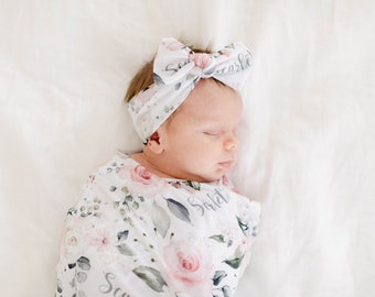Soft Floral Rose Swaddle Blanket Headband Hat Set / Personalized Baby Shower Gift / Hospital Newborn Photos Prop / Rosie Collection