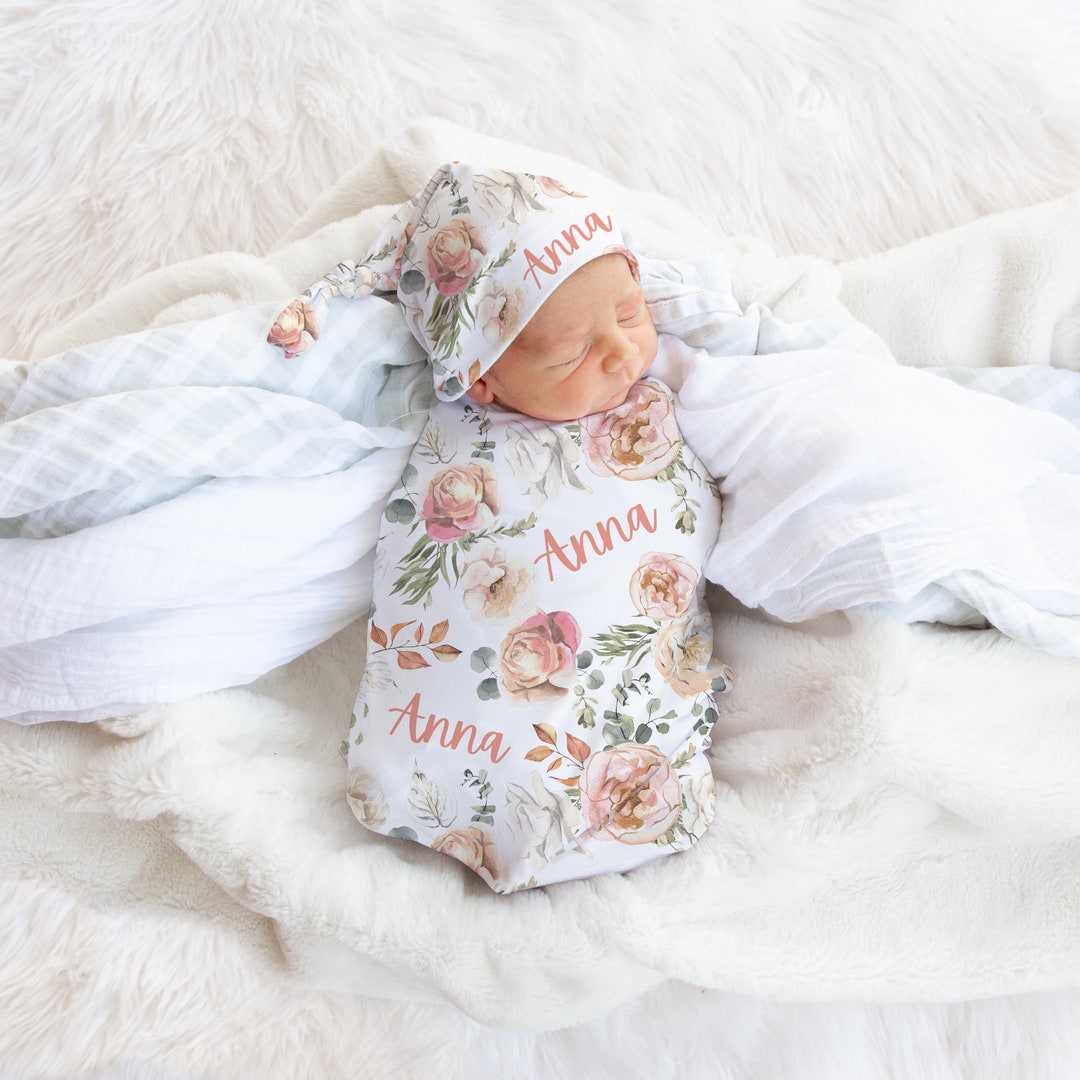 Eucalyptus Dried Floral Swaddle Blanket Headband Hat Set / Personalized