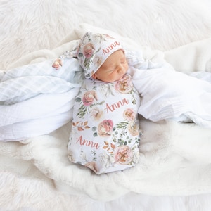 Eucalyptus Dried Floral Swaddle Blanket Headband Hat Set / Personalized Baby Shower Gift / Hospital Photos Prop / Soft Fall Spring Color