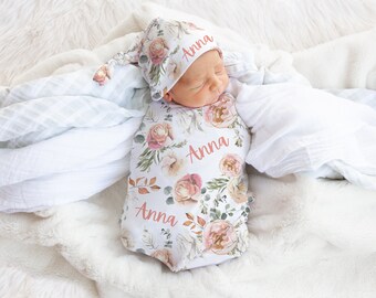 Eucalyptus Dried Floral Swaddle Blanket Headband Hat Set / Personalized Baby Shower Gift / Hospital Photos Prop / Soft Fall Spring Color