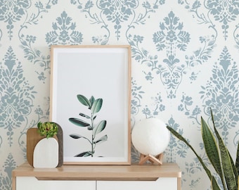 Dusty Blue Damask Wallpaper Peel and Stick, Victorian Style Wall Mural for Bedroom or Nursery, Elegant Removable Vintage Wall Art