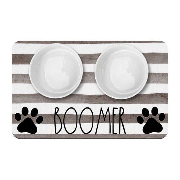 Paw Prints and Brown Stripe Personalized Pet Mat / Pet Name / Dog Bowl Mat / Cat Bowl Mat / Puppy Supplies / Farmhouse Style Simple Neutral