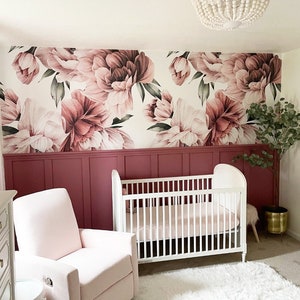 Pink Mauve Peonies Floral Wallpaper, Large Scale Peel and Stick Removable, Unpasted Prepasted Traditional Option, Baby Girl Nursery Mural image 1