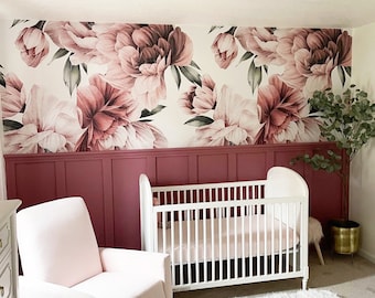 Papier peint floral pivoines roses mauves, grande échelle amovible avec revêtement mural, option traditionnelle non collée, décoration murale pour chambre de bébé