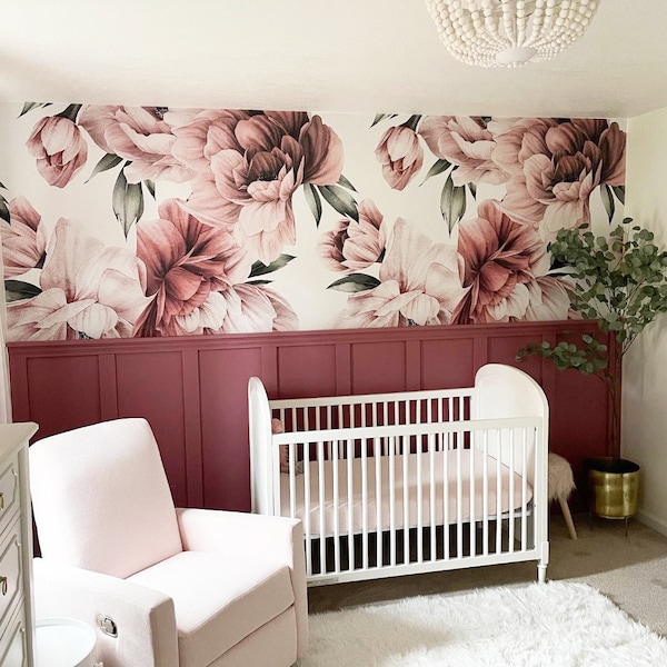 Pink Mauve Peonies Floral Wallpaper, Large Scale Peel and Stick Removable, Unpasted Prepasted Traditional Option, Baby Girl Nursery Mural