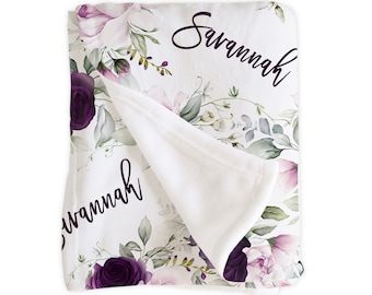 Purple Lavender Floral Rose Name Blanket / Personalized Baby Shower Gift / Hospital Newborn Photos Prop / Savannah Collection